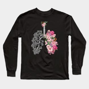 Lung Anatomy, vintage pink roses, Cancer Awareness Long Sleeve T-Shirt